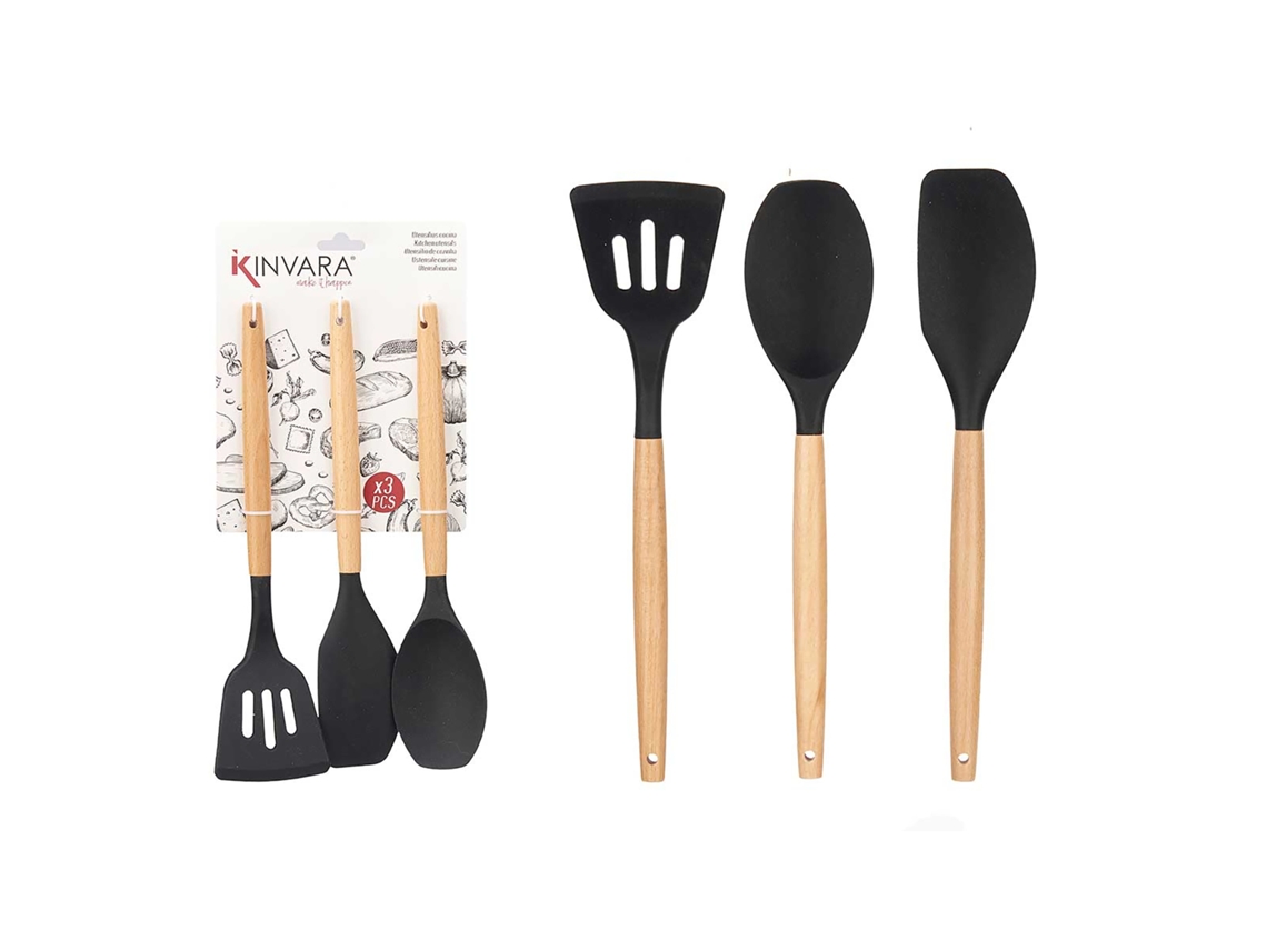 Conjunto de 3 utensílios de cozinha de silicone na cor marrom Madeira.
