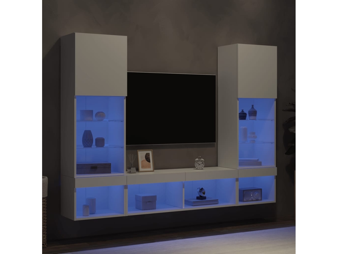 Vidaxl 5pcs Móveis De Parede P/ Tv C/ Leds Derivados De Madeira Branco