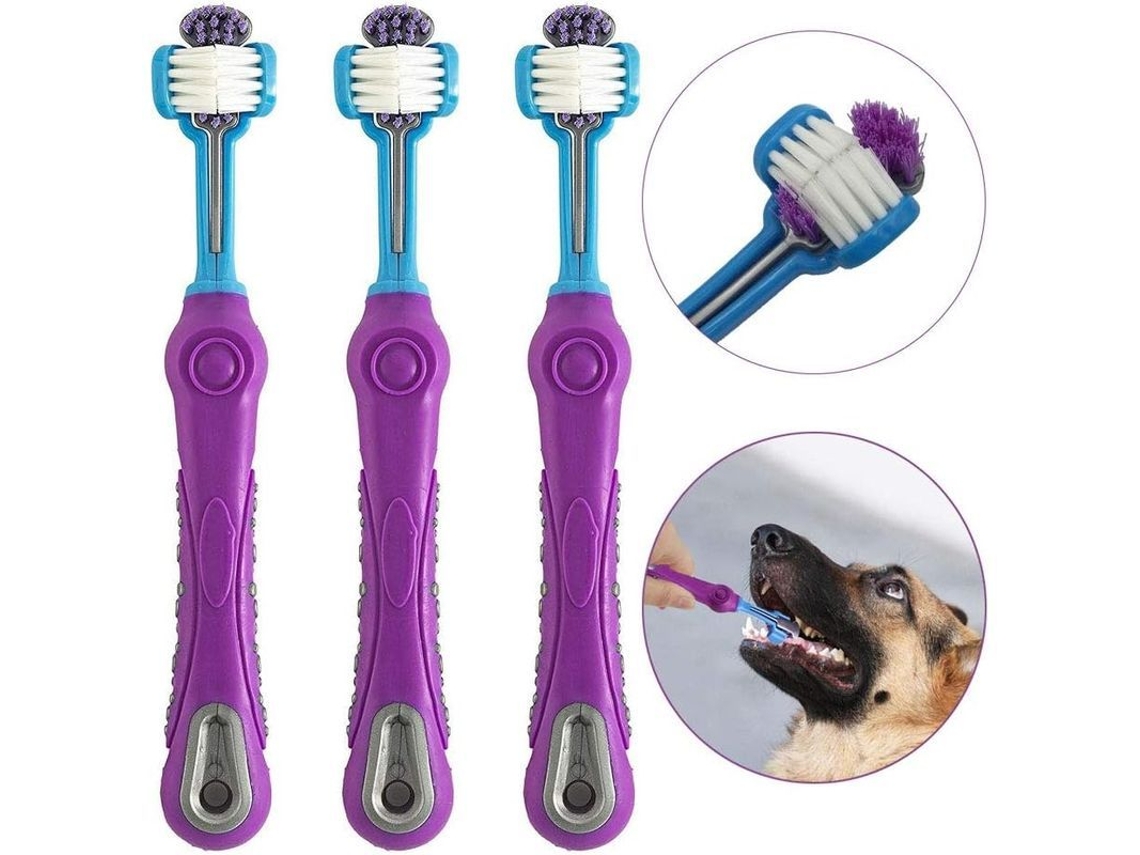 3 Escovas De Dentes Para Cães Com 3 Cabeças, Mango Ergonômico Para Cuidado Dental De Mascotas