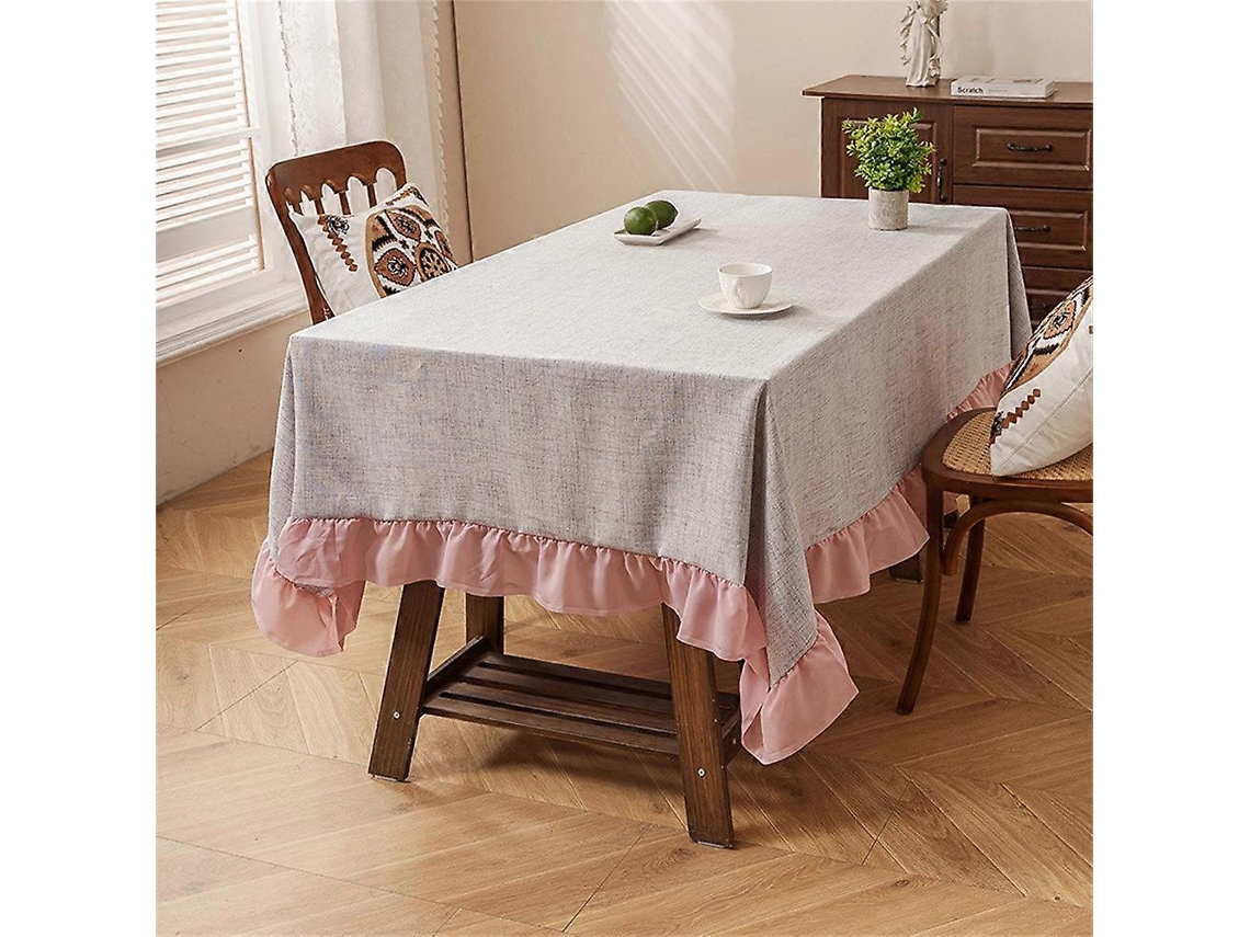 Toalha De Mesa Retangular, Tecido Texturizado, Com Babado Rosa, Para Sala De Jantar