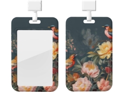 Porta-cartões Crachá com estampa floral e pássaros, com cordão, camada plástica impermeável, ideal para cartões.