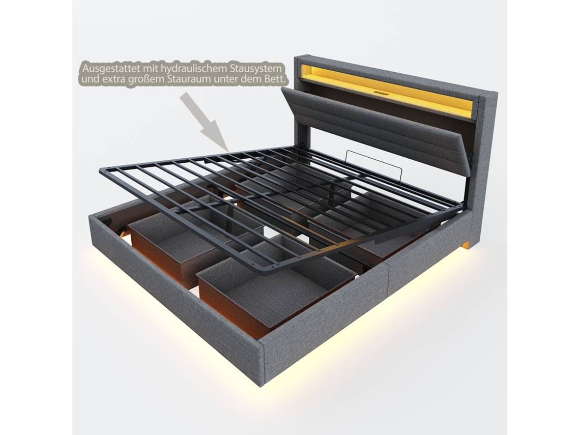 Cama Estofada 140x200 Cm com Estrutura Hidráulica, armazenamento, usb e Luz Led, cabeceira Reversível em Cinza Linho PAPRIKA