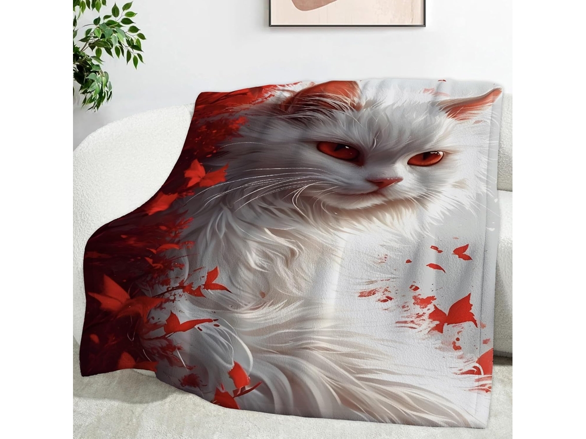 Manta com Estampa de Leão e Gato Folha Vermelha 180x200 Cm Multifuncional Macia Aconchegante em Flanela Ideal