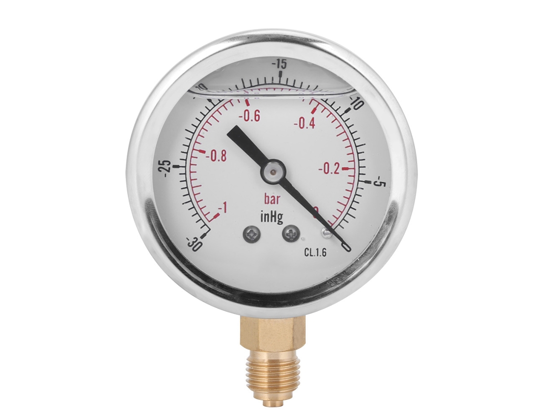 Medidor de Pressão de Vácuo Radial com óleo 1, aço inox, 0-30 inHg, para petróleo e metalurgia | S/MARCA