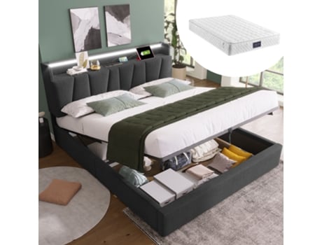 Cama Estofada 160x200 - Cama Com Função Usb, Cabeceira E Iluminação Led, Base Em Madeira, Cinza (com Colchão)