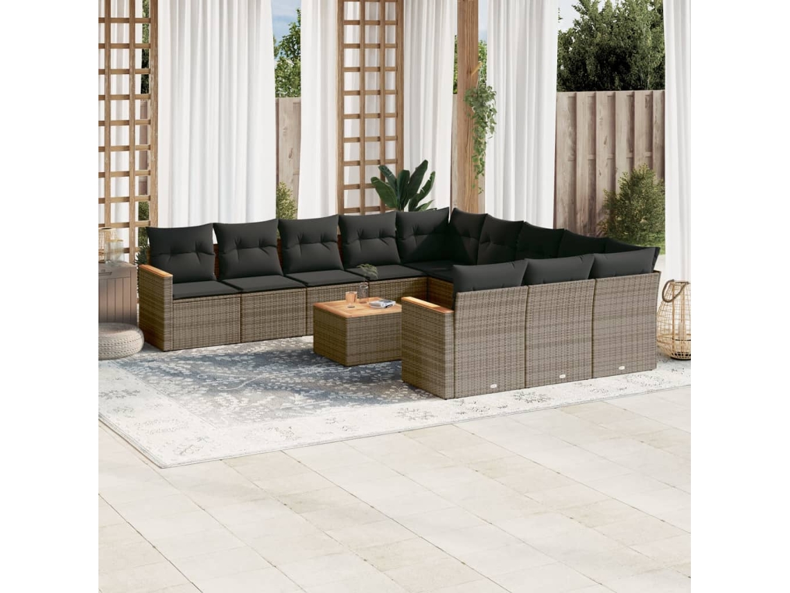 Vidaxl 12 Pcs Conjunto De Sofás Jardim C/ Almofadões Vime Pe Cinzento