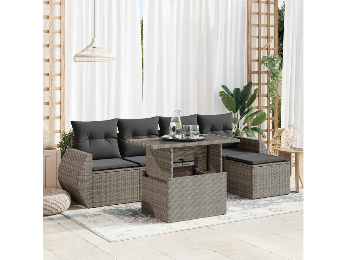 Vidaxl 6 Pcs Conjunto Sofás De Jardim Com Almofadões Vime Cinzento
