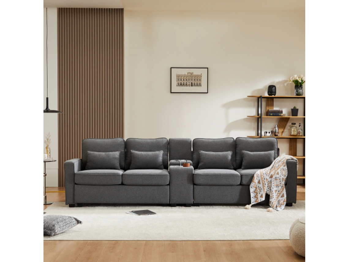 Sofá moderno Linho de 4 lugares com console, 2 porta-copos, 2 entradas USB, bolsas e 4 almofadas.