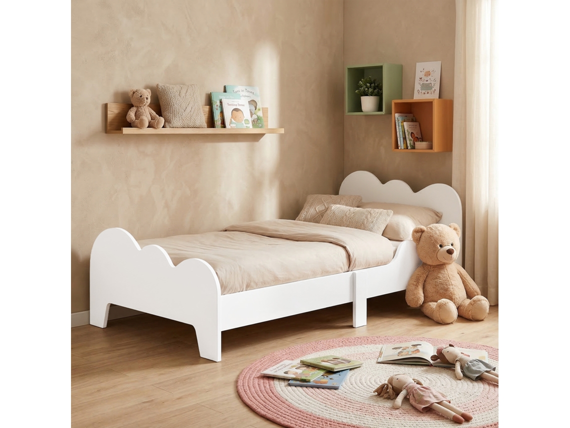 Cama Para Crianças 143,5x74,5x56 Cm Estrutura De Cama Infantil Com Desenho De Núvem E Barreira De Segurança Branco