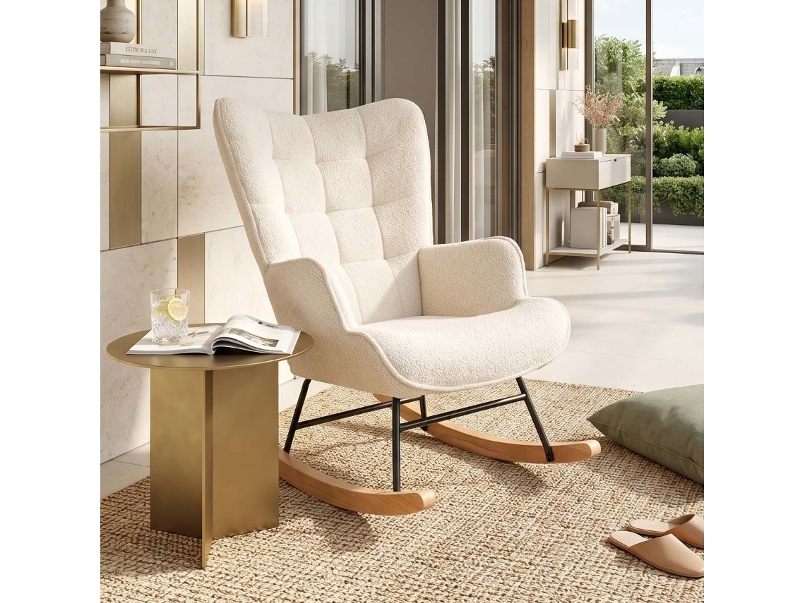 Cadeira de balanço em tecido Teddy com encosto ergonômico e base de madeira bege 92x68x75 cm LAZYSPACE