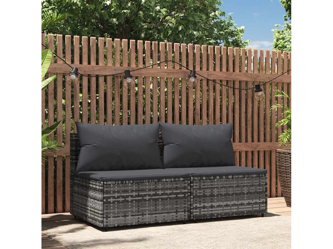 Vidaxl Sofás De Centro P/ Jardim C/ Almofadões 2 Pcs Vime Pe Cinzento