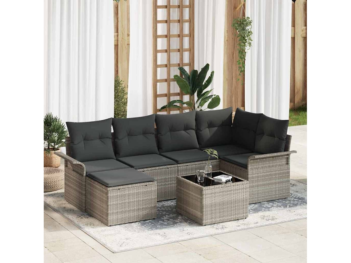 Vidaxl Conjunto De Sofá De Jardim 7 Unid. Cinzento-claro Vime Pe