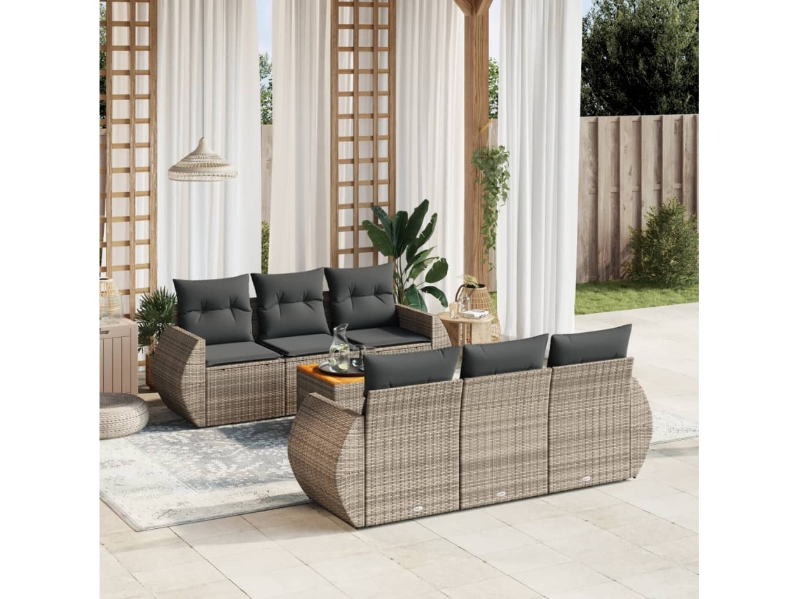7 Pcs Conjunto Sofás P/ Jardim C/ Almofadões Vime Pe Cinza Dkd Home Decor