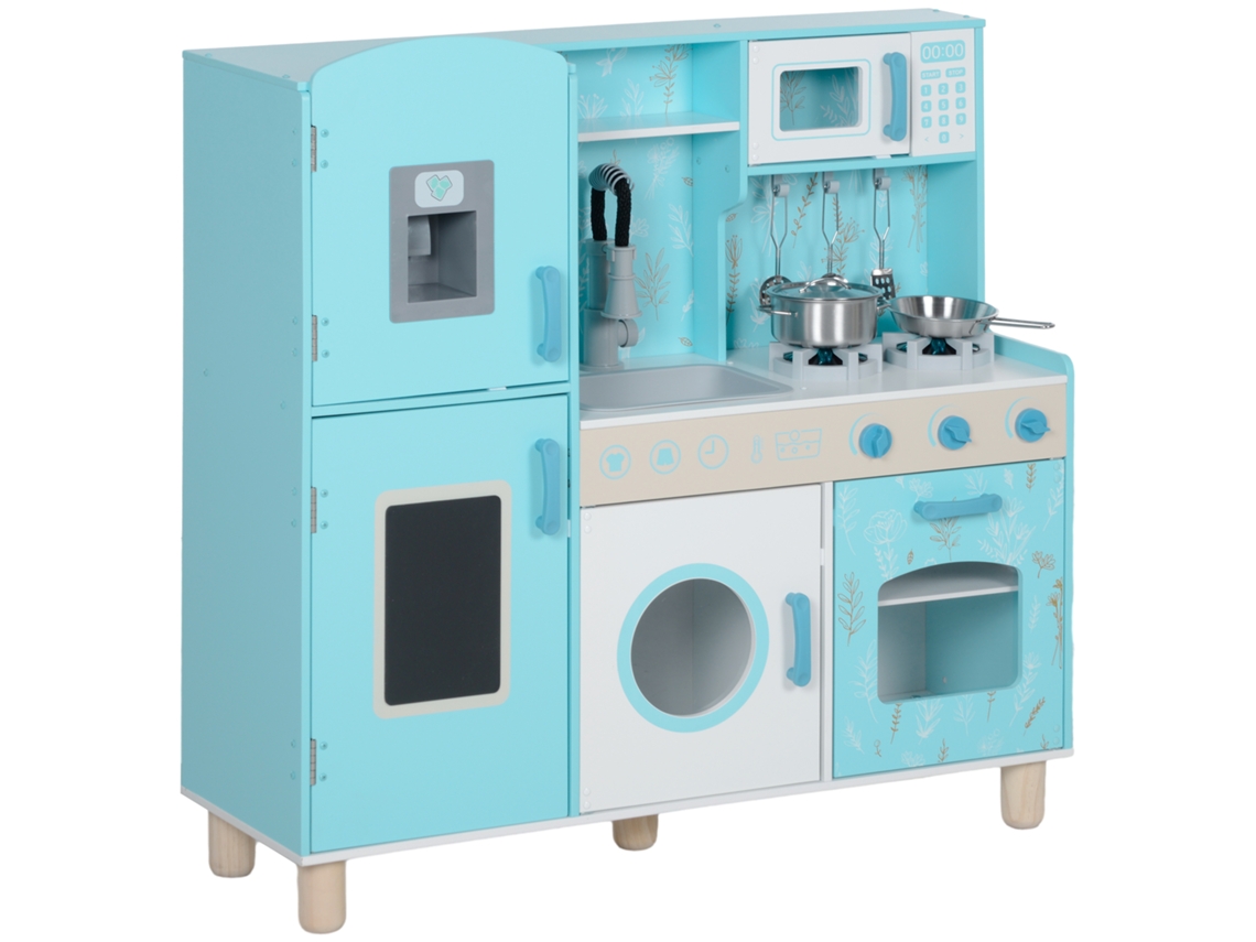 Cozinha De Madeira Para Crianças Com Sons Fogão Forno Micro-ondas Máquina De Gelo E Acessórios 90x33,3x91,6 Cm Azul