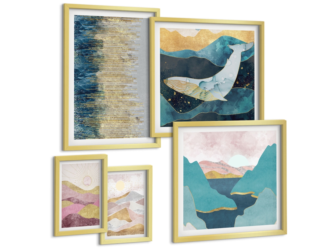 Pinturas Murais Modernas Peônias, Escultura De Uma Mulher, Abstrato Moldura Dourada Imagens Para Um Quarto Infantil Espelharte (conjunto De 5 Imagens)