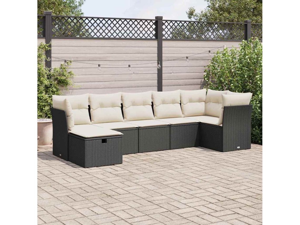 Vidaxl 7 Pcs Conjunto De Sofás P/ Jardim C/ Almofadões Vime Pe Preto
