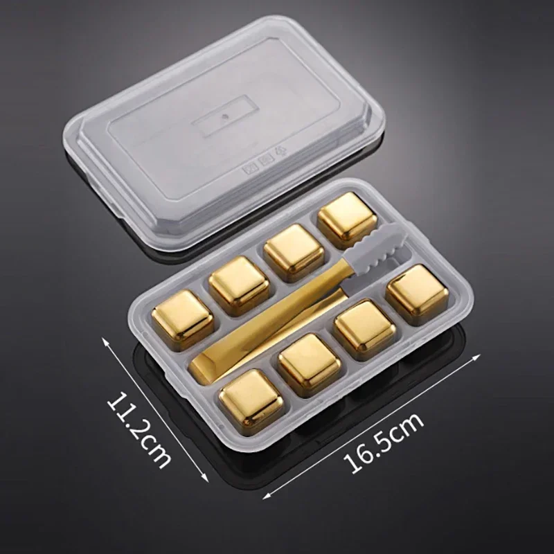 Cubos de Gelo Reutilizáveis de Aço Inoxidável, Congelamento Rápido, Metal de Qualidade Alimentar MDUG (ouro, 8pcs, com Grampos)
