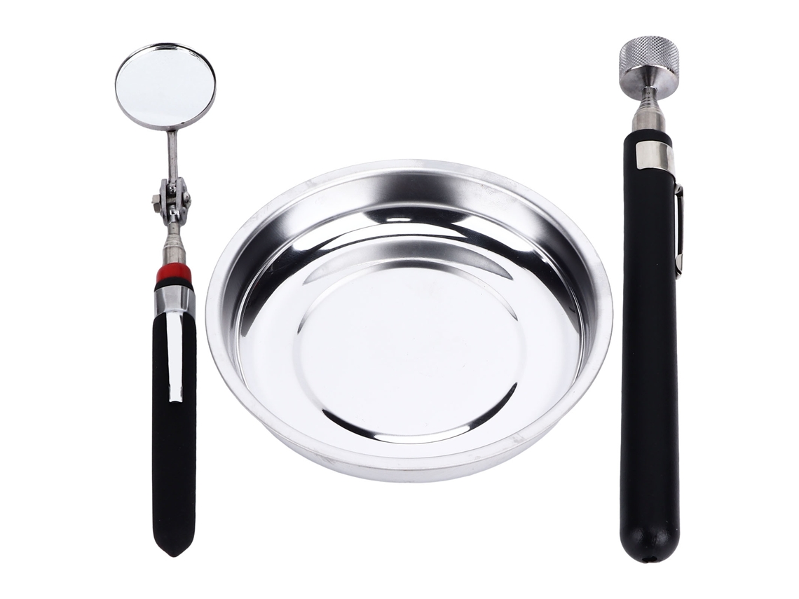 Conjunto de bandejas magnéticas redondas em aço inoxidável com ferramenta telescópica para reciclagem e espelho para escritório.