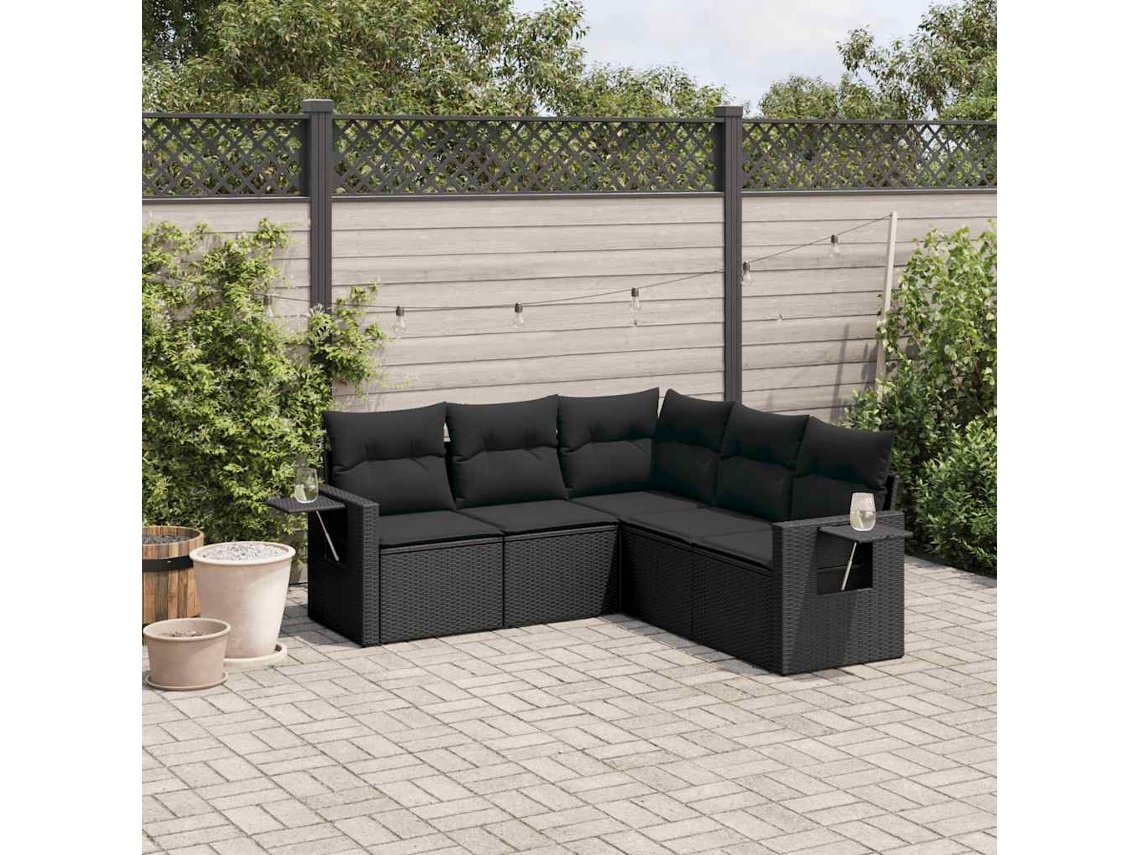 Vidaxl 5 Pcs Conjunto Sofás De Jardim Com Almofadões Vime Pe Preto