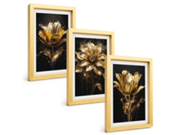 Quadros Decorativos Para Paredeflores, Amarelo, Fundo Escuro Moldura Dourada Quadros Para O Escritório Espelharte (3 Peças 20x30 Cm)