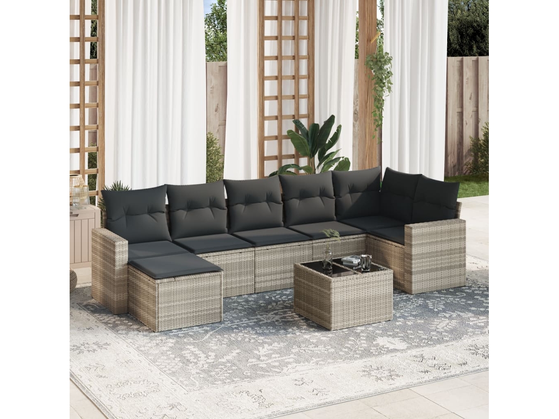 Vidaxl 8 Pcs Conj. Sofás Jardim C/ Almofadões Vime Pe Cinzento-claro