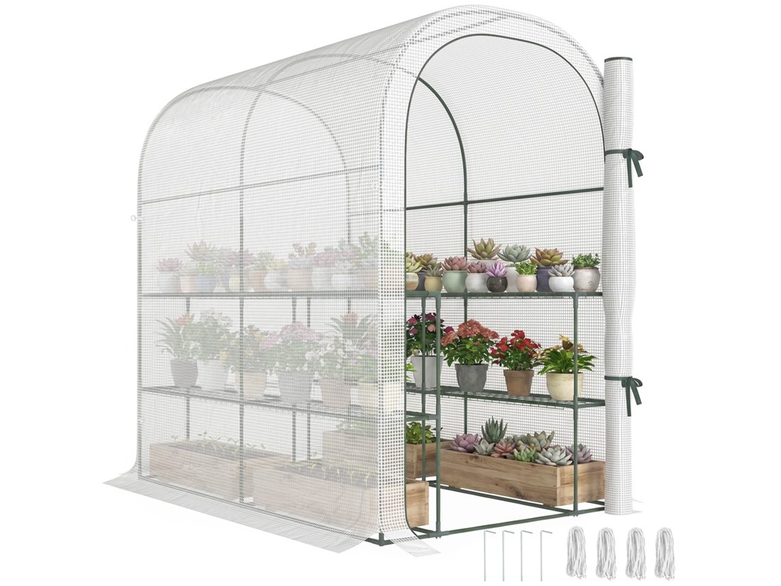 Estufa De Jardim Com Prateleiras 2 Níveis E Porta Enrolável, Aço E Pe, 123x187x189 Cm, Branco
