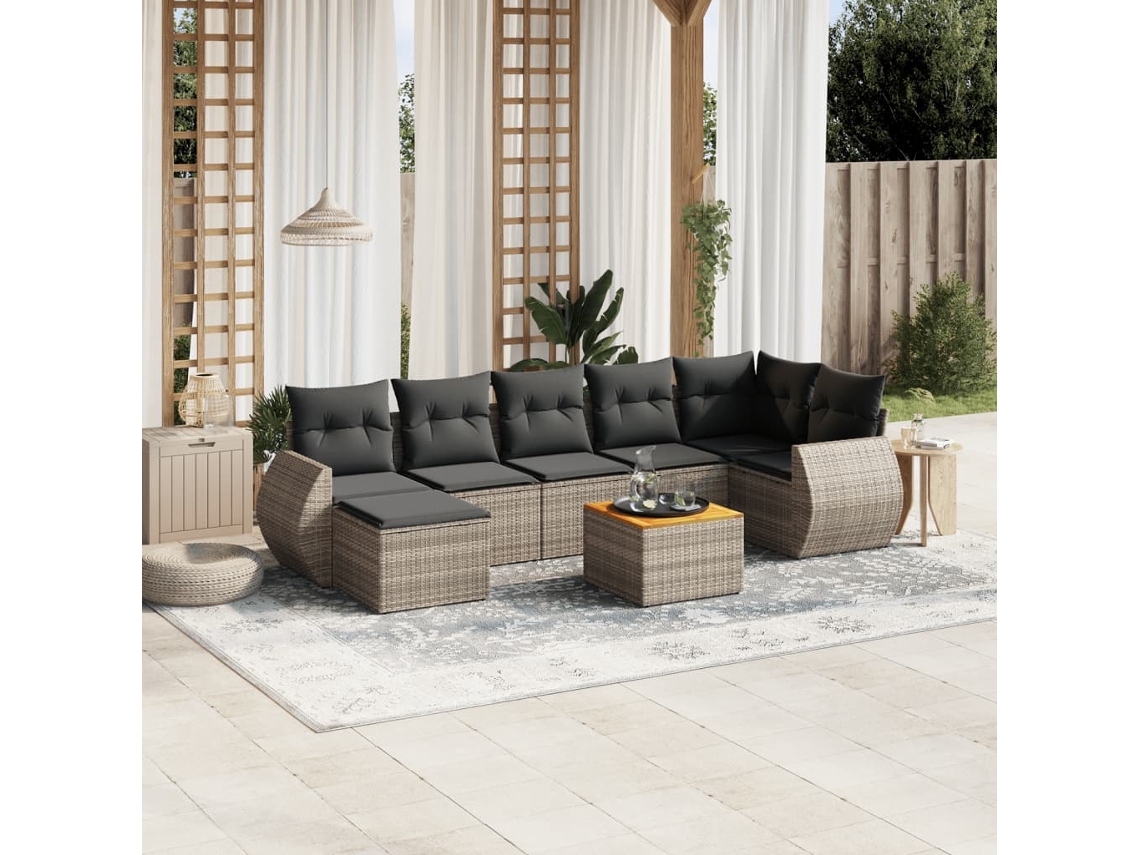 Vidaxl 8 Pcs Conjunto Sofás De Jardim C/ Almofadões Vime Pe Cinzento