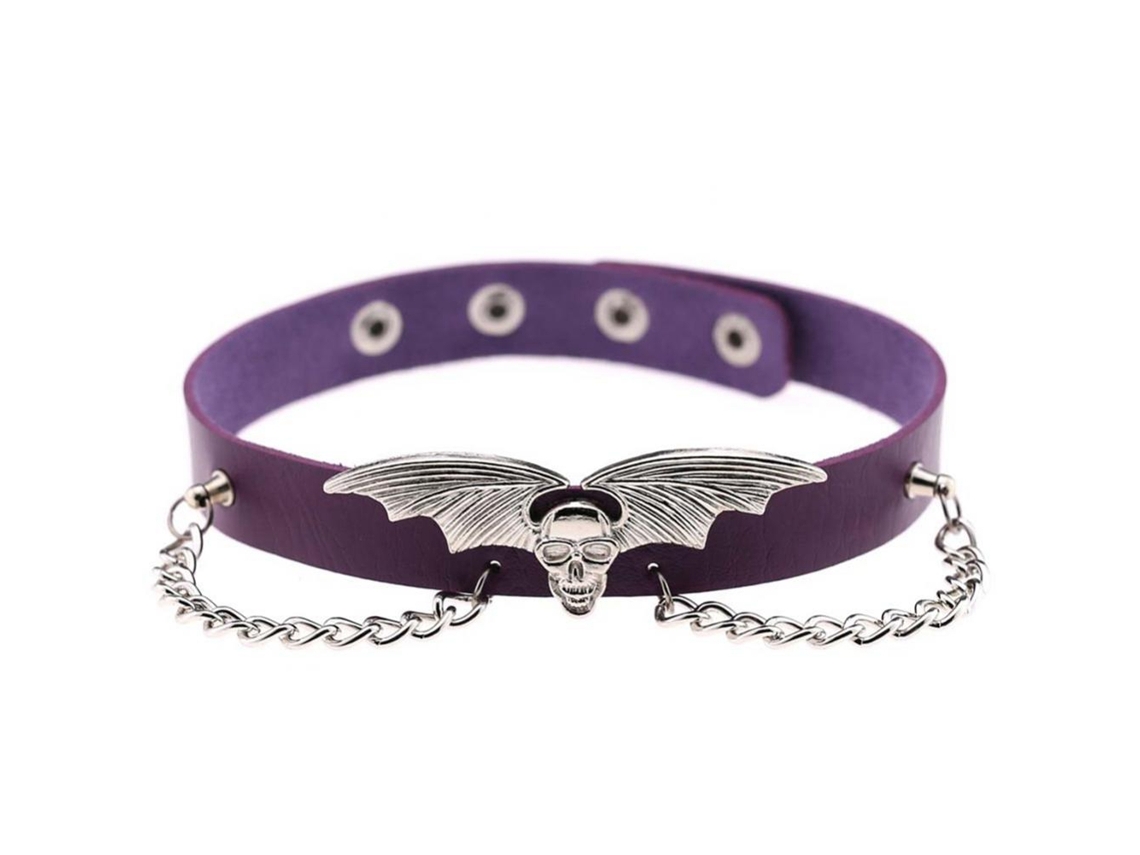 Colar De Couro Pu Com Asas De Morcego Exageradas Ligação Osso Roxo