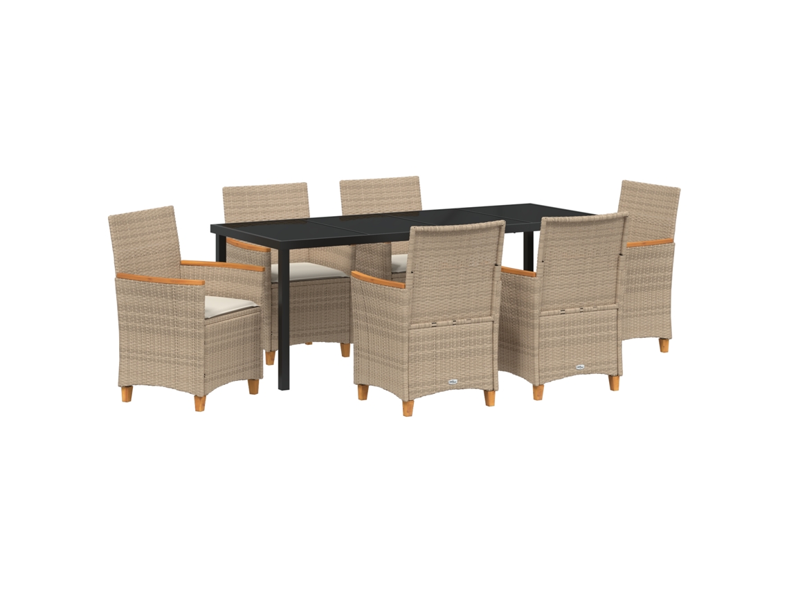 Conjunto 7 Conjunto De Jantar Para Jardim Vidaxl Bege Vime Pe (200 X 80 X 73 Cm)