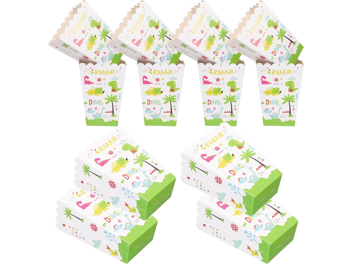 Caixas De Pipoca Papel Com Estampa Dinossauro Verde Para Festas Infantis, Pacote Com 24 Unidades, Ideais Para Doces E