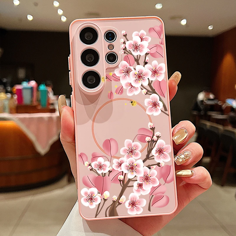 Capa Magnética Para Celular Galaxy S23 Ultra Com Estampa De Flor De Pêssego (rosa)
