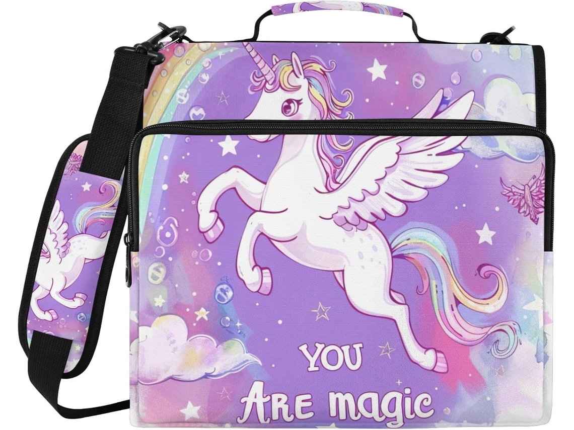 Bolsa Organizadora Fofa De Unicórnio Com Zíper E Tecido Resistente À Água, 3 Argolas Guardar Material Escolar