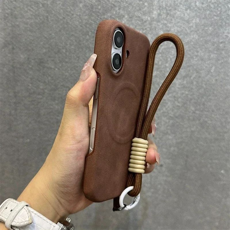 Capa Para Celular (iphone 16 Plus Marrom) Com Cordão, Moldura Magnética E Proteção Traseira.