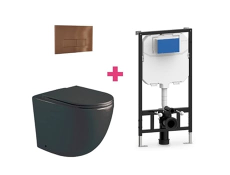 Conjunto de vaso sanitário suspenso de cerâmica Genova preto fosco Aquore com cisterna retangular de cobre e botão de descarga