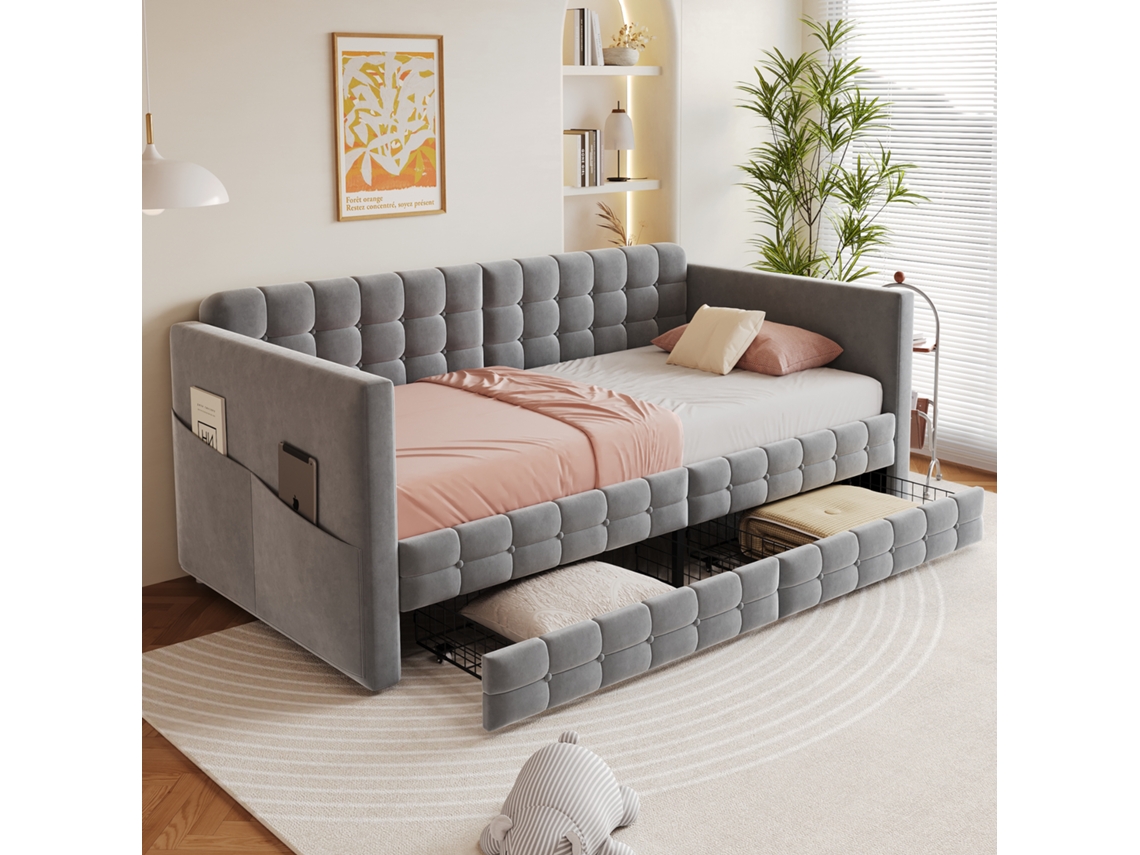 Cama Estofada Sofá cama 90x190cm, Quadriculado, Armazenamento Lateral, 2 Gavetas, Convidados/individual, Veludo Cinza Ge