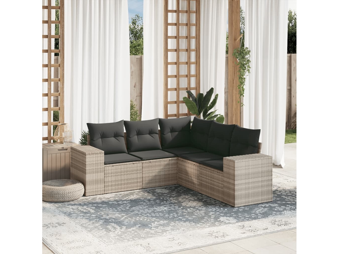 Vidaxl 5 Pcs Conj. Sofás Jardim C/ Almofadões Vime Pe Cinzento-claro