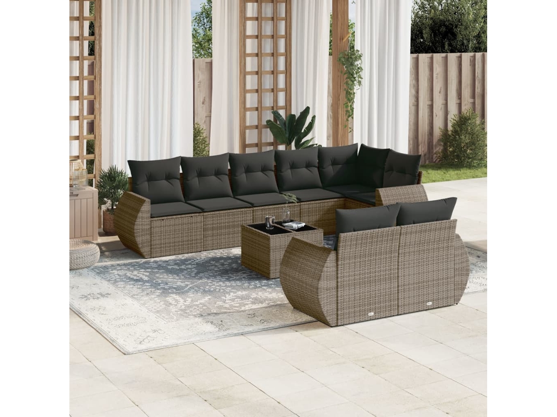 Vidaxl 9 Pcs Conjunto Sofás P/ Jardim Com Almofadões Vime Pe Cinzento