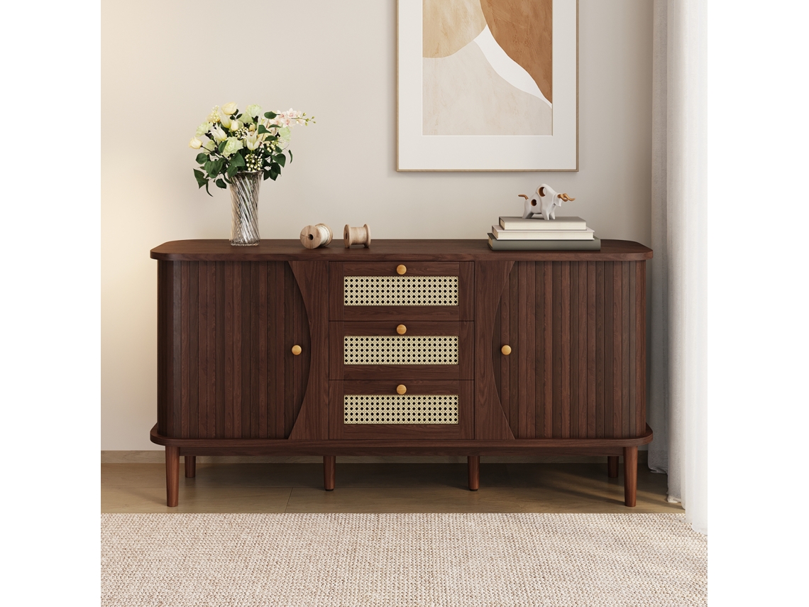 Aparador Em Rattan Com Portas De Correr, Prateleiras Ajustáveis E Tampo Arredondado, Cômoda De Design Para Sala De Estar Ou Quarto.