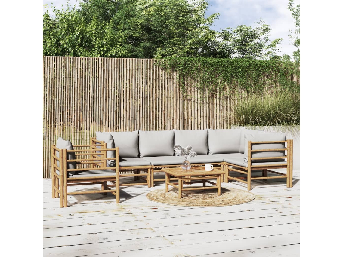 Vidaxl 7 Pcs Conj. Lounge De Jardim Bambu C/ Almofadões Cinzento-claro