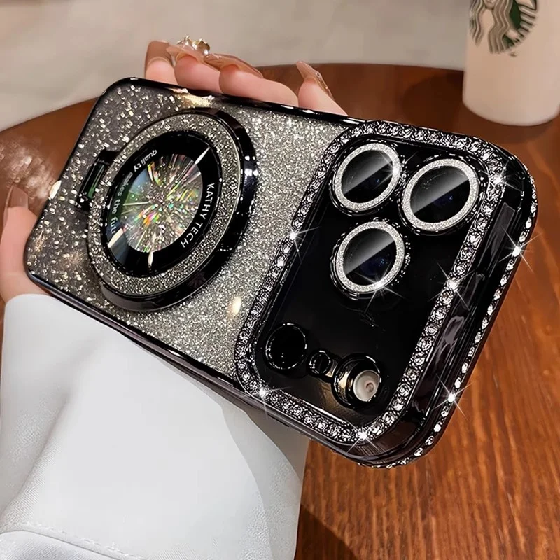 Capa Para Iphone 13 Pro (preta) Com Suporte Magnético E Detalhes Em Strass