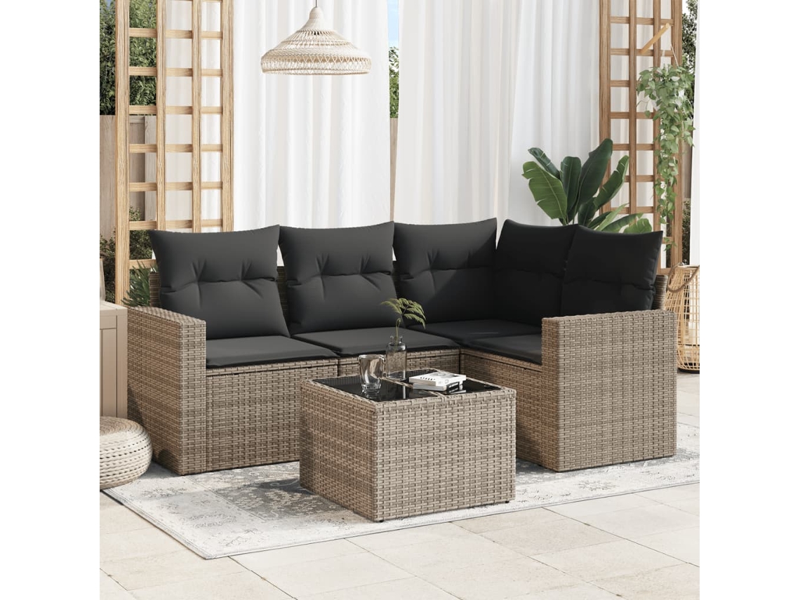 Vidaxl 5 Pcs Conjunto Sofás De Jardim C/ Almofadões Vime Pe Cinzento