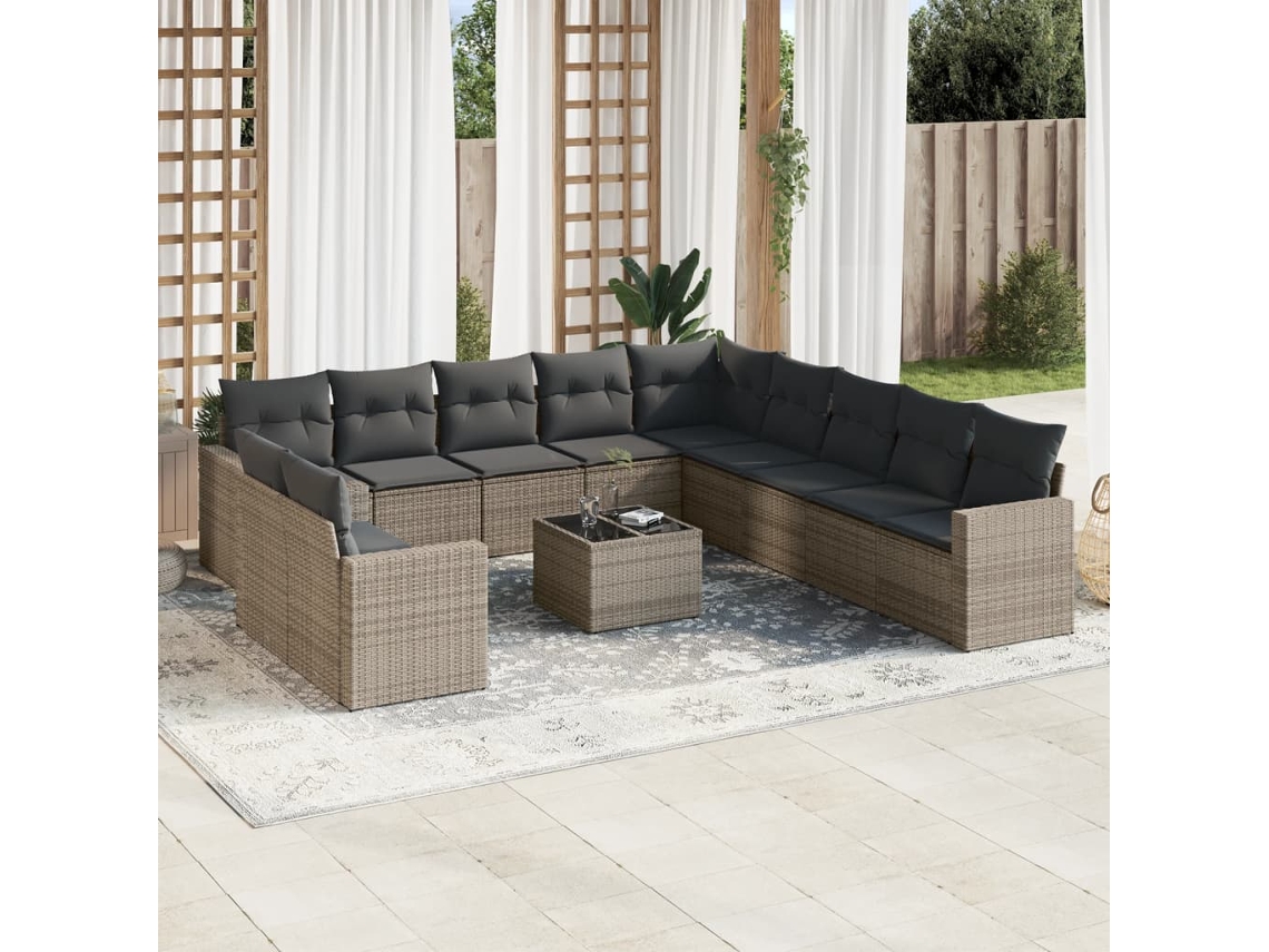 Vidaxl 12 Pcs Conjunto De Sofás Jardim C/ Almofadões Vime Pe Cinzento