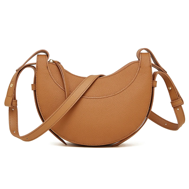 (3068-marrom) Bolsa Feminina De Couro Genuíno, Modelo 2026, Luxuosa E Com Design Em Formato De Meia-lua.