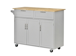 Carrinho De Cozinha Com Rodas 2 Gavetas 3 Portas Prateleiras Ajustáveis E Barra Para Sala De Jantar 121x46x91cm Cinza E Madeira