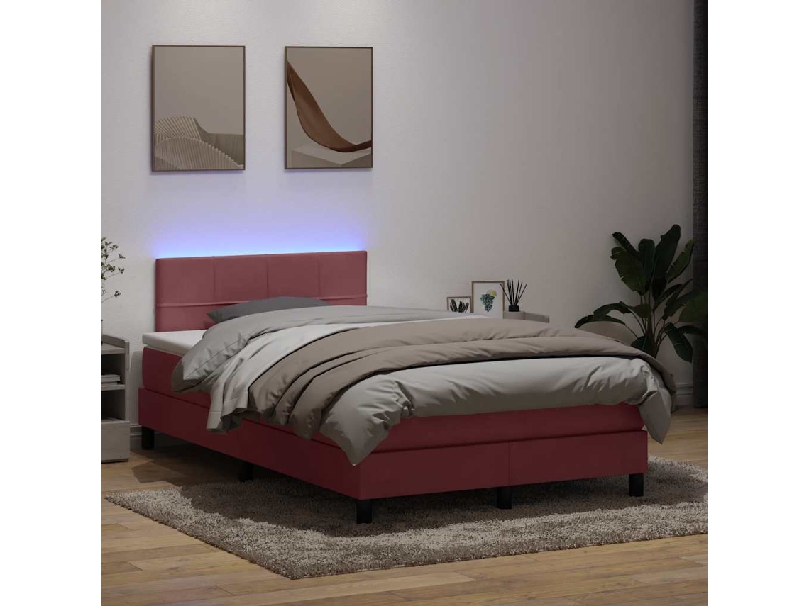Vidaxl Cama Box Spring C/ Colchão E Led 120x220 Cm Veludo Rosa