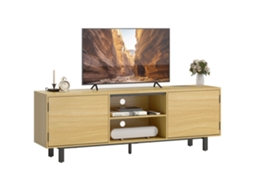 Rack de madeira natural para TVs até 65 polegadas, com 2 portas de pressão e 2 prateleiras (160x35x55,5 cm)