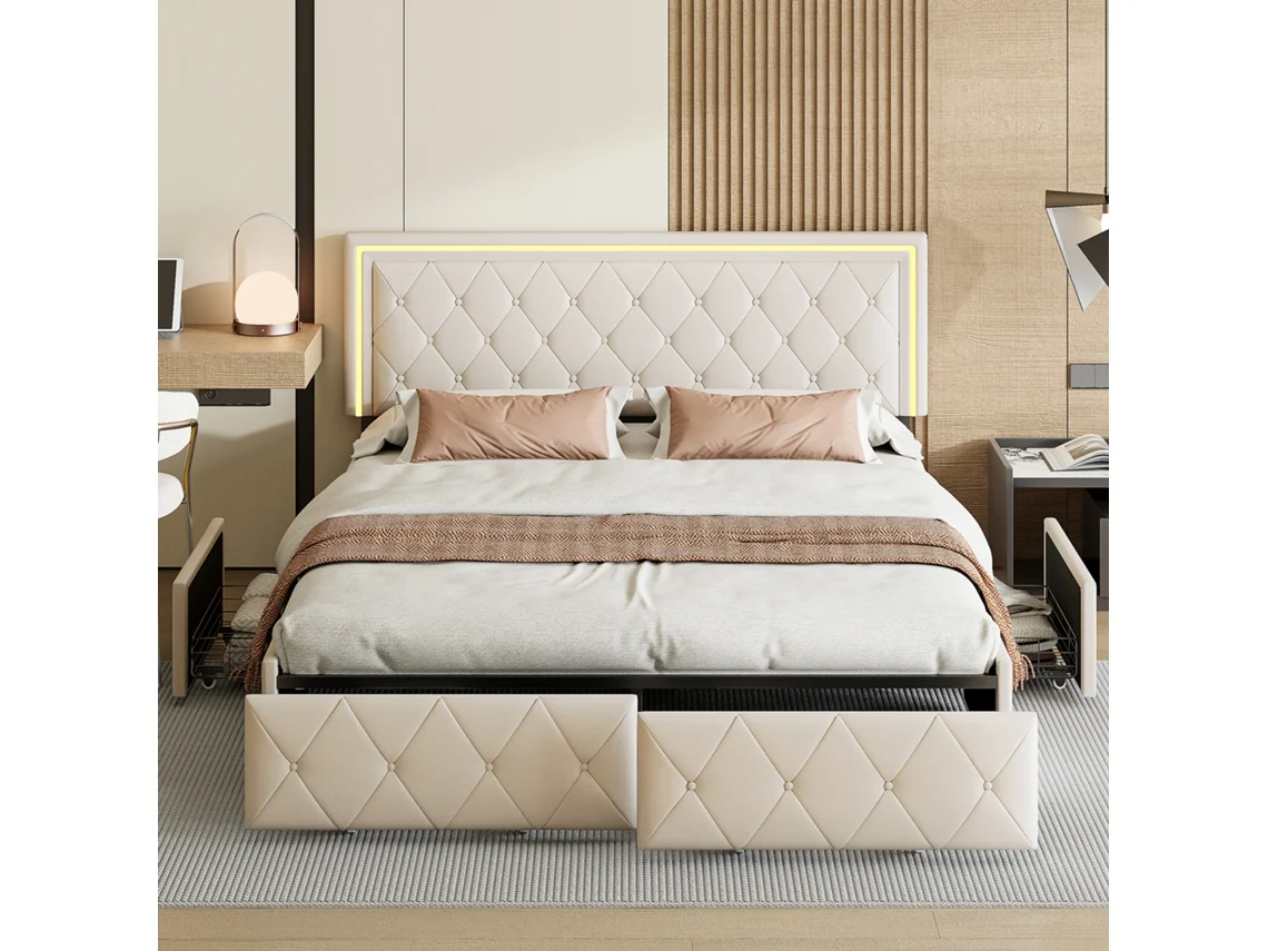 Cama De Casal Com Gavetas, Cama Inteligente 160x200 Cm Com Luz Led Rgb E Controlo Por App, Cabeceira Acolchoada Em Pu Bege