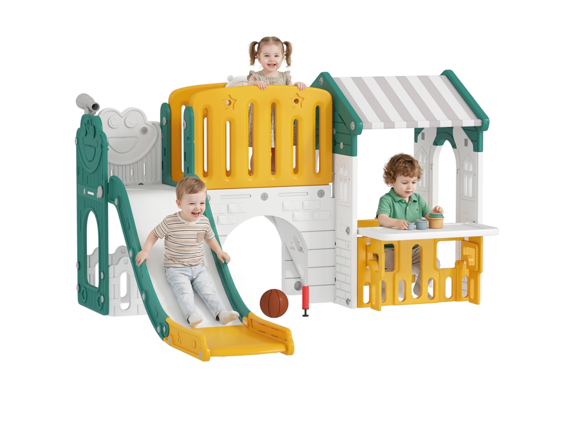 Escorregador Infantil 7 em 1 com Galpão, Escada, Cesta de Basquete, Túnel, Quadro Negro, Telescópio, Amarelo e Verde