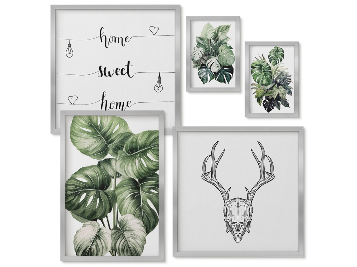 Galeria De Pinturas Murais Folhas De Monstera Em Aquarela Moldura Prateada Quadros Para O Escritório Espelharte (conjunto De 5 Imagens)