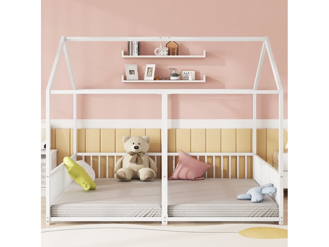 Cama-cama De Ferro 2x90x200cm - Com Teto E Estrado De Ripas - Branco